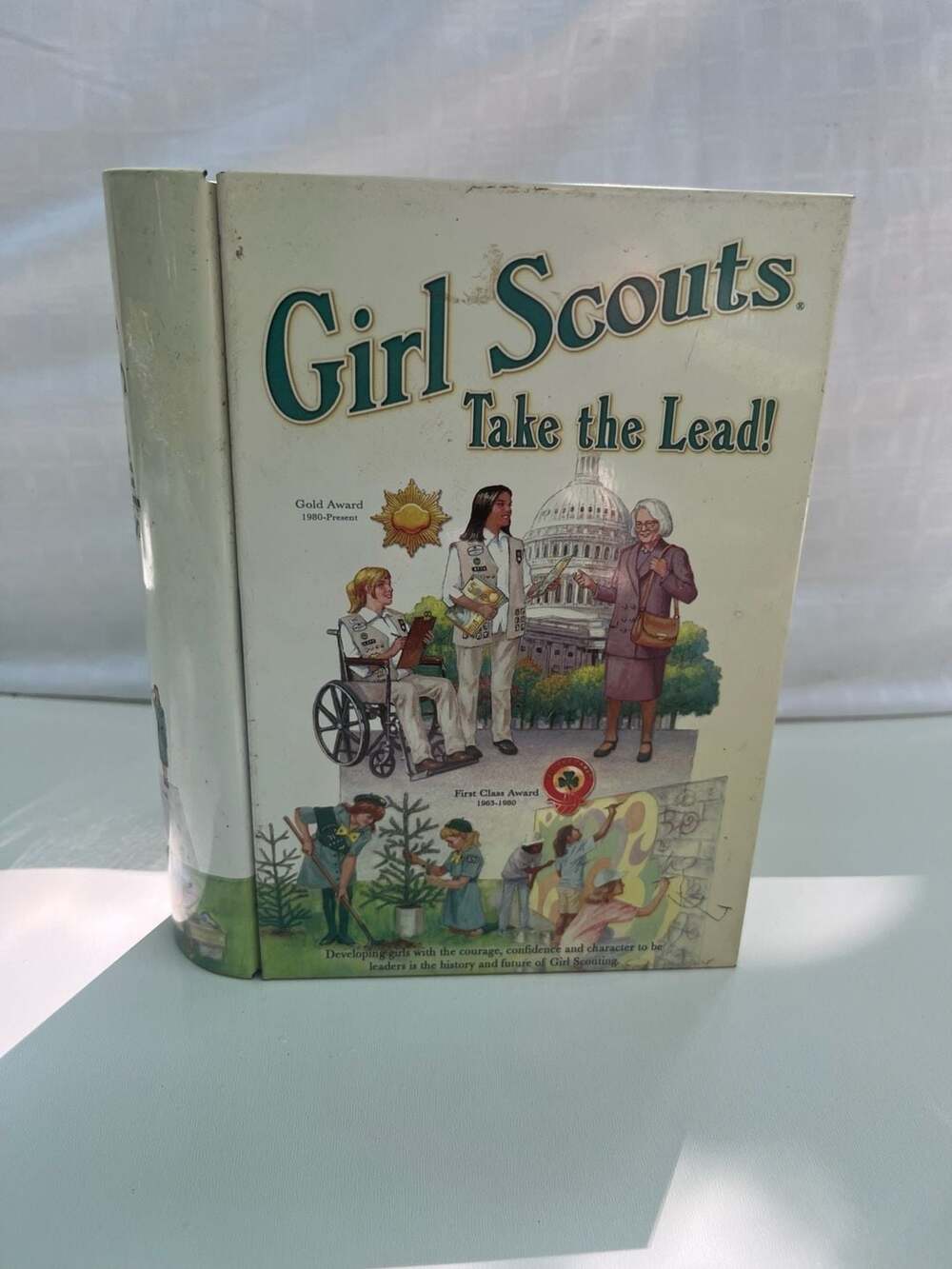 Vintage Girl Scouts Take the Lead Collectible Metal Book-Shaped Storage Tin